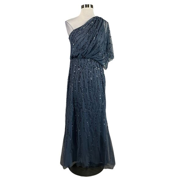 Adrianna Papell Women's Formal Dress Size 6P Blue Sequin One Shoulder Long Gown - Picture 1 of 13